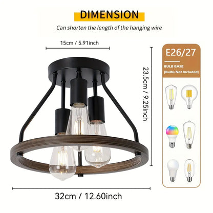 Modern Farmhouse Wood Semi Flush Mount Ceiling Light - 3 Head - Lighting > lights