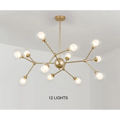 Modern Glass Globe Chandelier with Molecular Fission Branches - 12 Lights / Warm Light