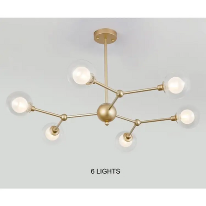 Modern Glass Globe Chandelier with Molecular Fission Branches - 6 Lights / Warm Light