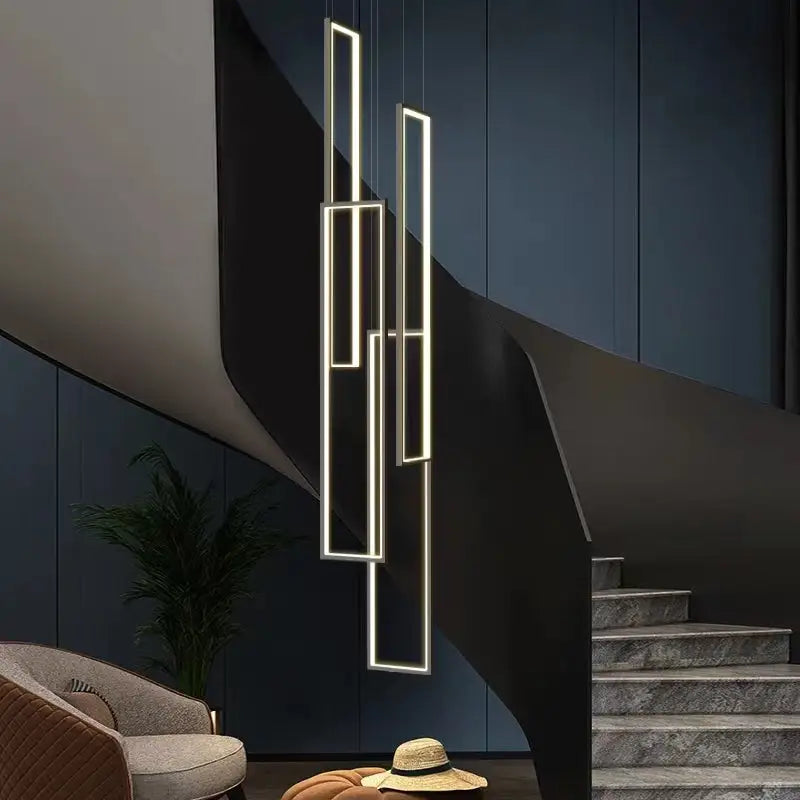 Modern Rectangle LED Chandelier for Staircase Lobby Living - Black, 4 Lights / Cool Light