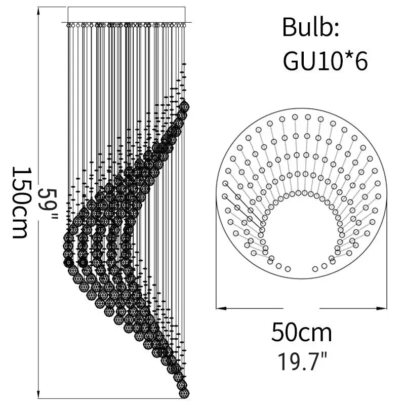 Spiral Moon Chandelier for Duplex Staircase Lobby Hall Stairwell - D19.7*H59’ / Warm
